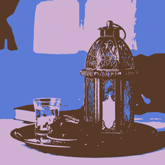 illustration of a lantern and a moon 