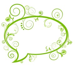 Obraz premium Green floral speech bubble on white background, with vines, swirls and dots decorating its oval outline