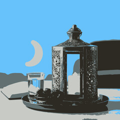 illustration of a lantern and a moon 