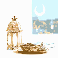 illustration of a lantern and a moon 