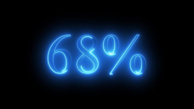 Glowing neon blue digital percentage symbol displaying 68% percent discount on dark black background, futuristic promotional sale concept with vibrant light outline