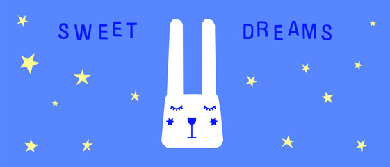 Funny Childish Card Rabbit Background. Sweet Dream and Good Night Sleep Theme. Cute Cartoon Bunny Character. Vibrant Positive Happy Imperfect Application Hare Animal Illustration Design.