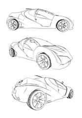 Fototapeta premium Futuristic Sports Car Sketch Collection From Side Front and Rear Angles for Concept Design