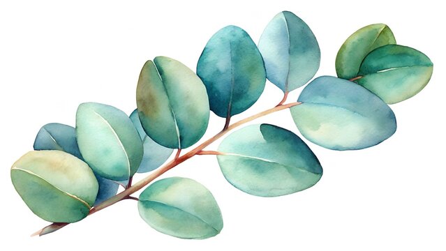 Delicate Watercolor Eucalyptus Branch With Blue Green Leaves On White Background