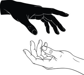 Obraz premium Black silhouette and line art of two hands reaching toward each other for human connection social support charity help partnership and metaphorical unity vector graphics,