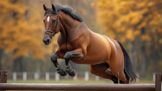 Majestic Brown Horse Jumping Over Equestrian Obstacle in Autumn Landscape