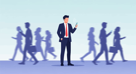 Sharp businessman in suit stands out from blurry crowd using smartphone © kodir