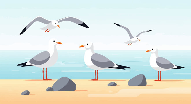 Several seagulls rest on a sandy beach with gentle waves