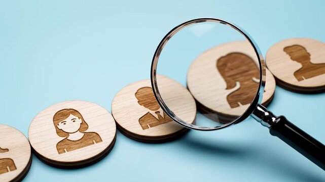 Wooden disks with gender icons, magnifying glass focus