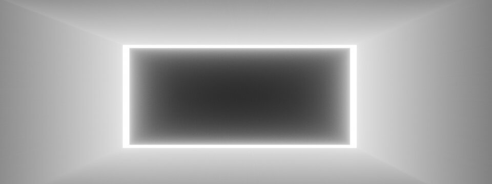 Glowing white rectangular frame light leaks overlay with soft radial rays and minimalist doorway background