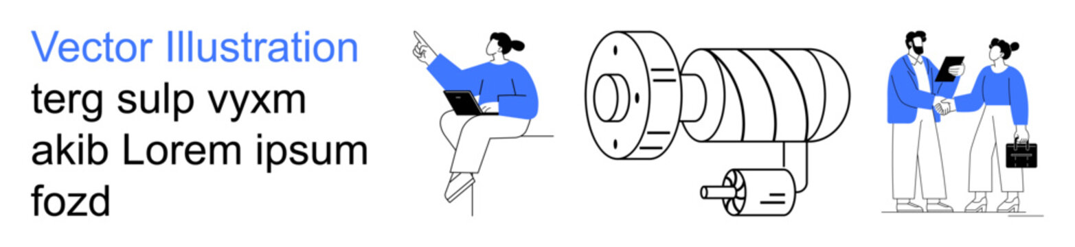 Business communication, technology, teamwork, surveillance, security systems, remote work. People collaborating, a surveillance camera and a professional facing a laptop. Business communication