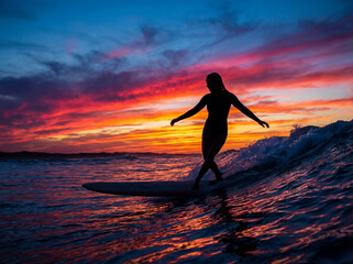 Silhouette of a surfer on a wave against the backdrop of a crimson sunset.