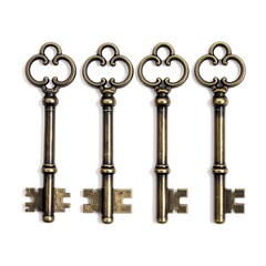Four ornate, vintage-style keys aligned on a white background, creating a symmetrical, nostalgic composition