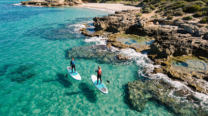 Two women paddle in calm water on a SUP board. Aerial drone footage.