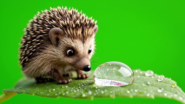 A curious hedgehog sniffs a dewdrop on a wet green leaf against a bright green background.