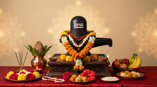 Hindu prayer altar with shiva lingam fruits sweets and incense for maha shivratri celebration and mahadev devotional offering in traditional indian home style