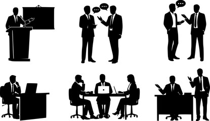 Black silhouette set of business people [activity], isolated on white background