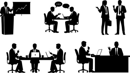 Black silhouette set of business people [activity], isolated on white background