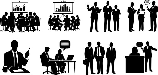 Black silhouette set of business people [activity], isolated on white background