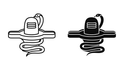 Shiva Lingam vector icons set featuring outline and solid styles with coiled cobra and Tripundra markings, isolated on white background for Hindu religious concepts and Maha Shivaratri.