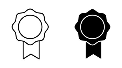 Minimalist award ribbon and medal icons in outline and solid black styles representing excellence, achievement, and quality certification isolated on a white background for web design.