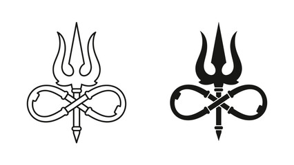 Sacred Hindu Trishula trident combined with infinity symbol representing eternal power and spiritual balance, minimalist black and white vector icons for religious or philosophical design.