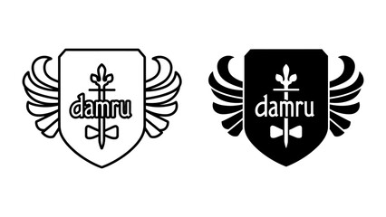 Minimalist Damru Logo Design Featuring a Shield with Wings and Trishula Symbol in Outline and Solid Black Styles, Representing Spiritual Power and Traditional Indian Heritage.