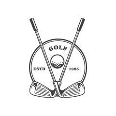 Classic logo design featuring two crossed golf irons with a golf ball inside a thin circular frame.