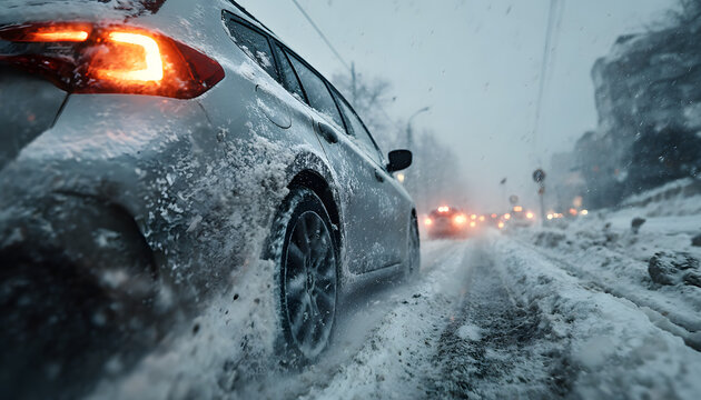 Silver car drives on frozen snowy icy road surface. Rear wheel spins, losing grip, spraying slush, water. Poor visibility, cars in blurred traffic. Cold winter season brings hazardous driving