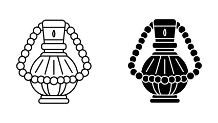 Elegant perfume bottle icons in outline and solid black styles representing luxury fragrance and cosmetic packaging design set against a clean white background for versatile graphic use.