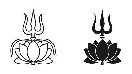 Sacred Trishula and Lotus Flower Icons Representing Divine Power and Spiritual Purity in a Minimalist Black and White Vector Design for Hindu Religious Branding and Yoga Studio Identity.
