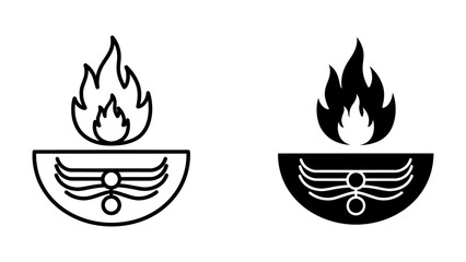 Stylized oil lamp and diya icons with mystical flame representing spiritual light and ancient rituals, minimalist black and white vector art with Egyptian-inspired decorative motifs.