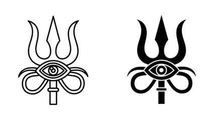 Lord Shiva's Trishula trident icons featuring the third eye and serpent symbols, representing divine power and spiritual awakening in a minimalist black and white vector design.