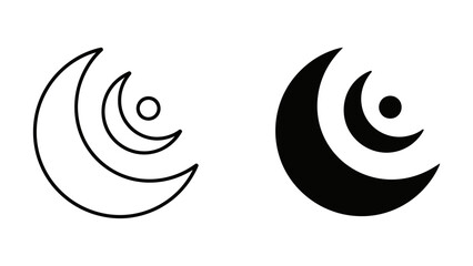 Minimalist crescent moon icons in outline and solid black styles featuring a nested moon and dot, ideal for sleep tracking apps, celestial branding, and night mode user interface design.