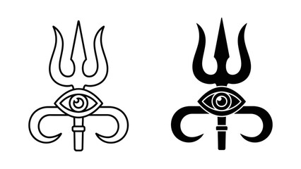 Lord Shiva's Trishula Trident with Third Eye and Horns Symbol Set, Representing Spiritual Power and Divine Protection, Minimalist Black and White Vector Icons for Tattoo and Yoga Branding.