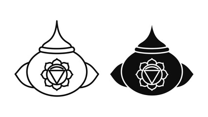 Manipura Solar Plexus Chakra Symbol on Ritual Vessel Icons, Set of Outline and Solid Black Vector Illustrations for Yoga Studio Branding, Meditation Apps, and Spiritual Wellness Design.