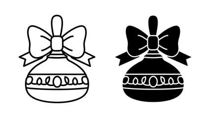 Christmas Bauble Ornament Icons with Decorative Bows Set of Line Art and Solid Silhouette Designs Isolated on White Background for Holiday Graphic Design Projects Minimalist Festive Elements