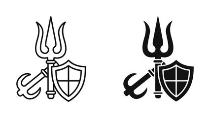 Trident Anchor and Shield Vector Icons Representing Maritime Defense and Naval Security, Set of Two Minimalist Black and White Symbols for Professional Branding and Nautical Design.