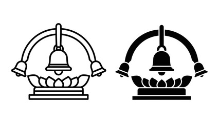 Traditional Buddhist Temple Bell Icons in Outline and Solid Black Styles Featuring Lotus Flower Base and Arched Frame for Spiritual and Cultural Graphic Design Projects on White Background