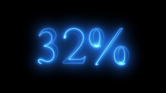 Glowing neon blue digital percentage symbol displaying 32% percent discount on dark black background, futuristic promotional sale concept with vibrant light outline