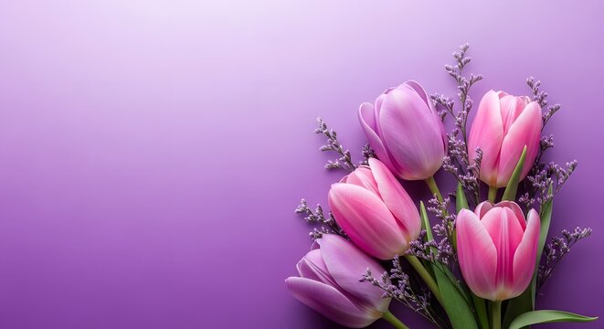 Elegant bouquet of pink tulips and purple lavender flowers on lilac background symbolizes spring beauty and floral decoration for greeting cards or seasonal promotions with copy space for text