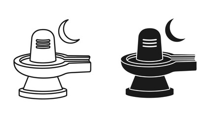 Shiva Lingam icon set featuring outline and solid silhouette styles isolated on white, vector illustration of Hindu deity Lord Shiva symbol with crescent moon for Maha Shivratri festival.