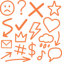 Hand drawn orange doodle icon set with arrows, symbols, and simple line art elements