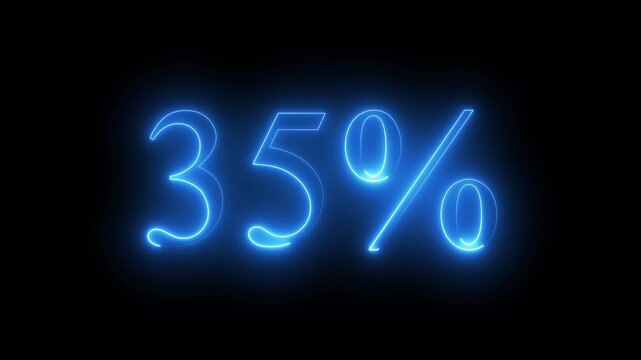 Glowing neon blue digital percentage symbol displaying 35% percent discount on dark black background, futuristic promotional sale concept with vibrant light outline