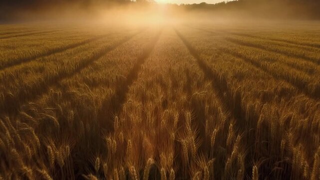 Drone glides over endless golden wheat fields during sunrise