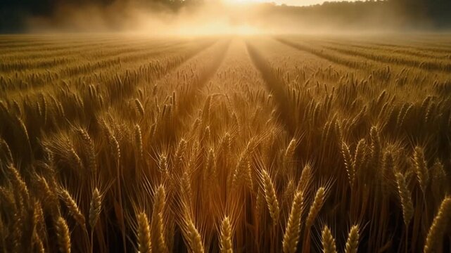 Drone glides over endless golden wheat fields during sunrise