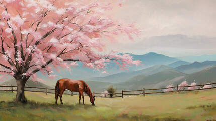 Naklejka premium A serene horse grazes under a blooming cherry blossom tree in a picturesque mountain meadow with a wooden fence.