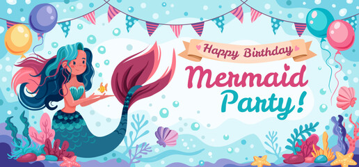 Cute mermaid birthday party invitation with underwater sea theme, ocean princess tail, and pastel blue decorations for kids celebration. Vector hand drawn illustration © Foxelle