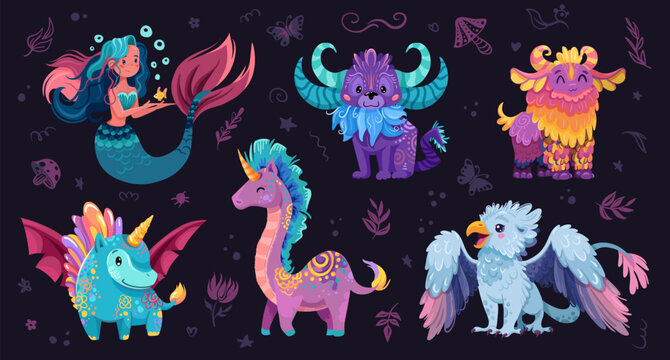 Creature set with mythical animals and fantasy characters. Adorable baby dinosaurs, cute unicorns and mermaid, flying monsters with wings in kawaii style for fairytale stories. Childish vector illustr