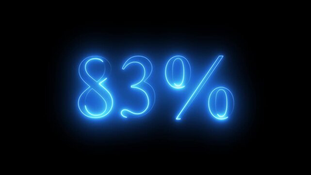 Glowing neon blue digital percentage symbol displaying 83% percent discount on dark black background, futuristic promotional sale concept with vibrant light outline